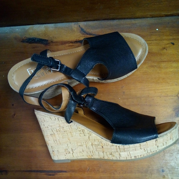 Franco Sarto Clinton Wedge Sandals black leather womens size US 9M EUC - Picture 3 of 10